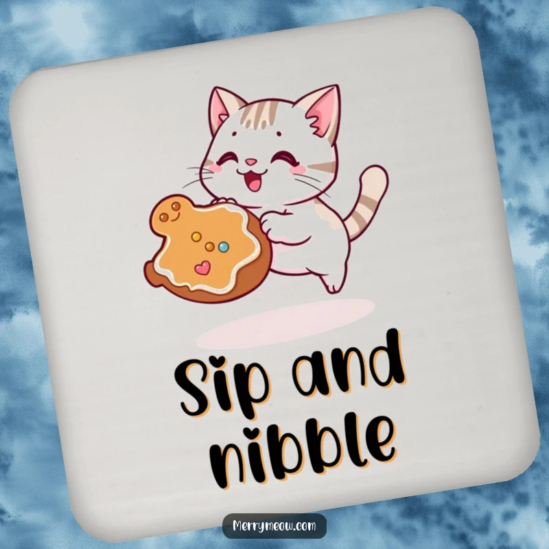 Funny Kawaii Cat Coaster set showing a cute cat pouncing on a gingerbread cookie, protecting surfaces with humor.