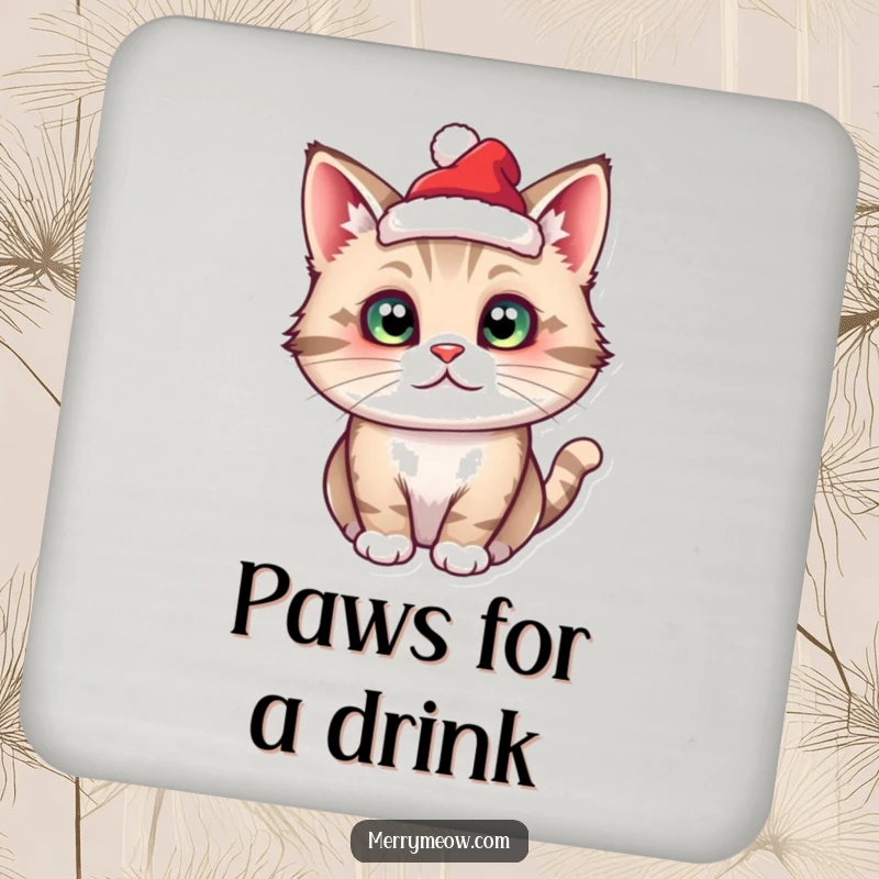 Funny cat wearing a small Santa hat, designed as a functional and festive drink coaster.