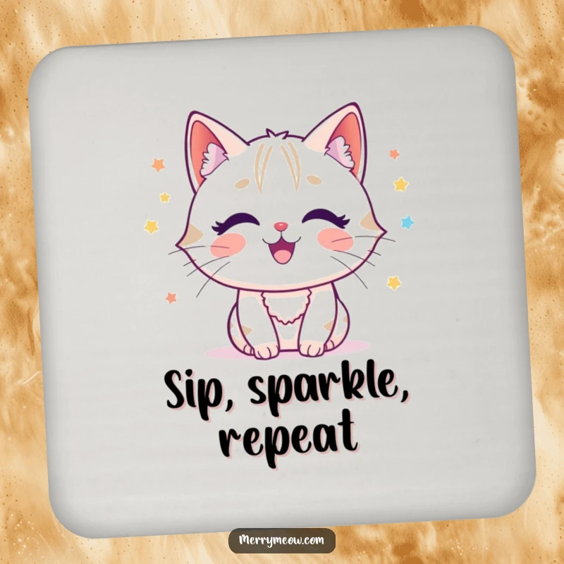 Funny cat character joyfully batting at tinsel, depicting festive fun on a drink coaster.