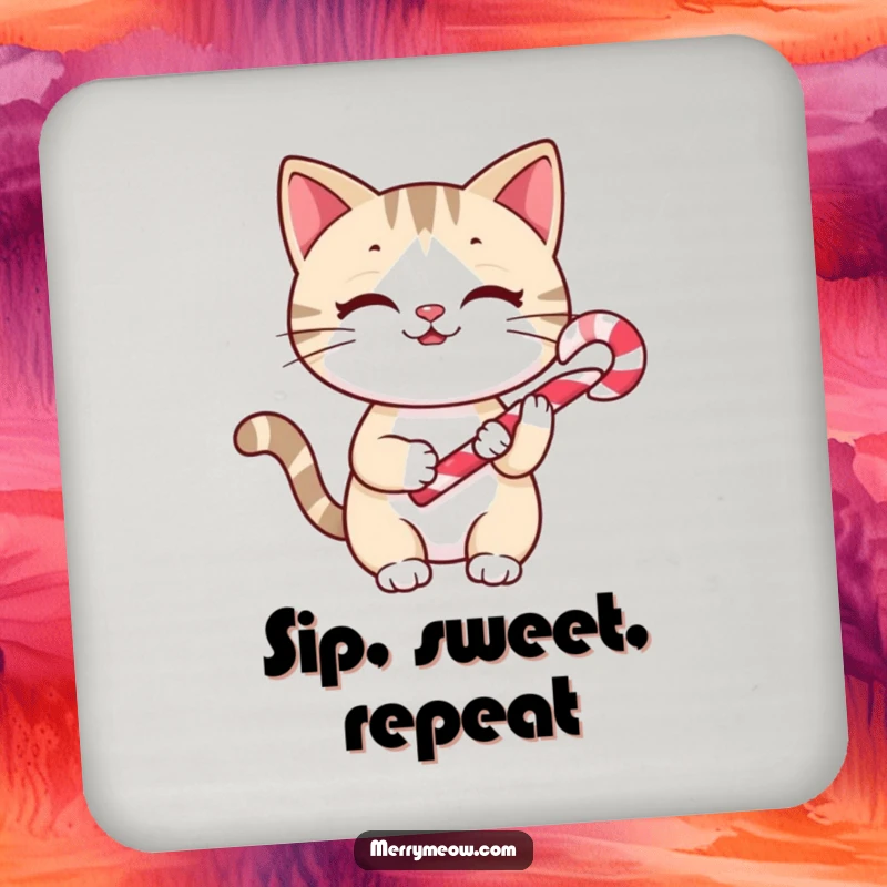 Funny Drink Coasters: Cheery cat holding a candy cane, designed to protect surfaces with holiday cheer.