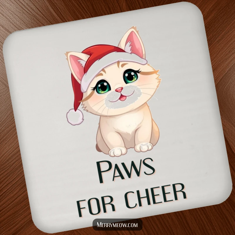 Funny Christmas cat in a Santa hat, printed on protective coasters for drink surfaces.