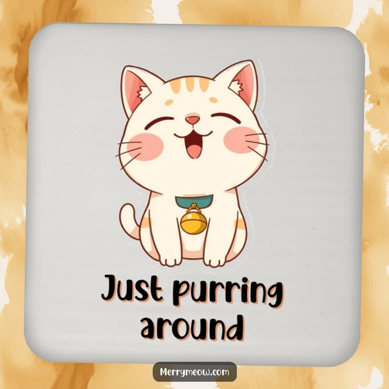 Funny content cat coasters featuring a purring cat and bell collar, protecting surfaces with charming and humorous feline artwork.