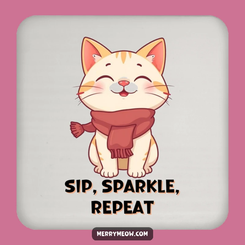 Funny Giggling Cat Festive Scarf Drink Coaster, Humorous Holiday Table Protector