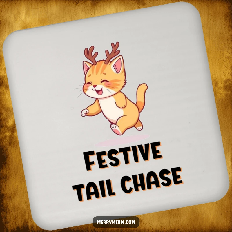 Funny drink coaster with a festive ginger kitten wearing reindeer antlers, playfully chasing its tail.