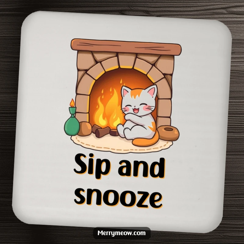 Funny drink coaster showcasing a joyful cat character lounging by a warm fireplace, protecting tables with feline humor.