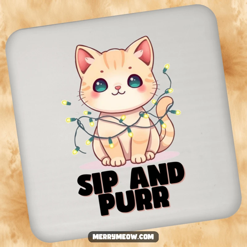 Funny kawaii cat coaster showing a cat tangled in fairy lights, a cute and festive accessory.