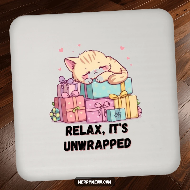 Funny kawaii cat napping on a pile of presents, a protective and charming drink coaster.