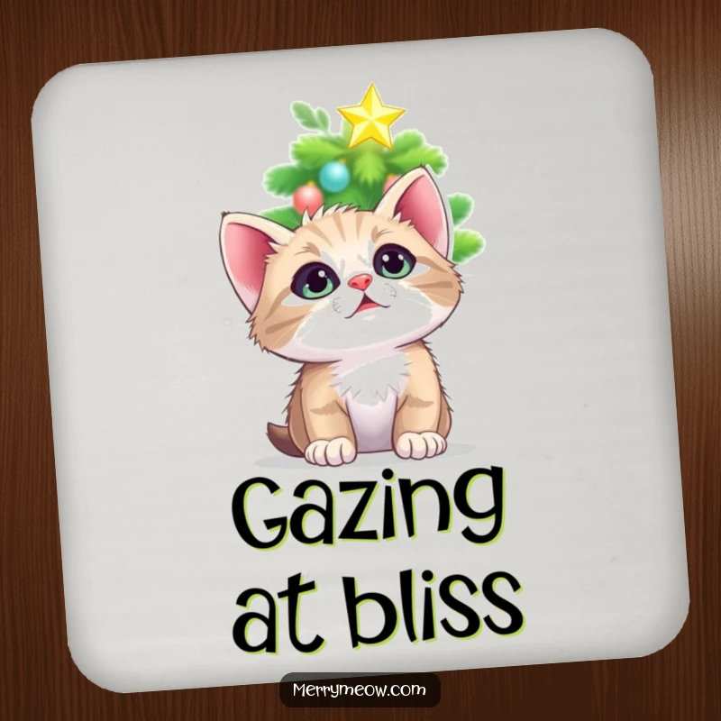 Funny drink coasters showcasing a kitten looking up with wide eyes at a twinkling Christmas tree star, perfect for festive gatherings.