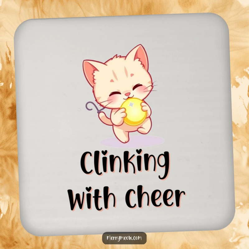 Funny coaster with a kitten joyfully chasing a glowing holiday ornament, protecting surfaces with festive cheer.