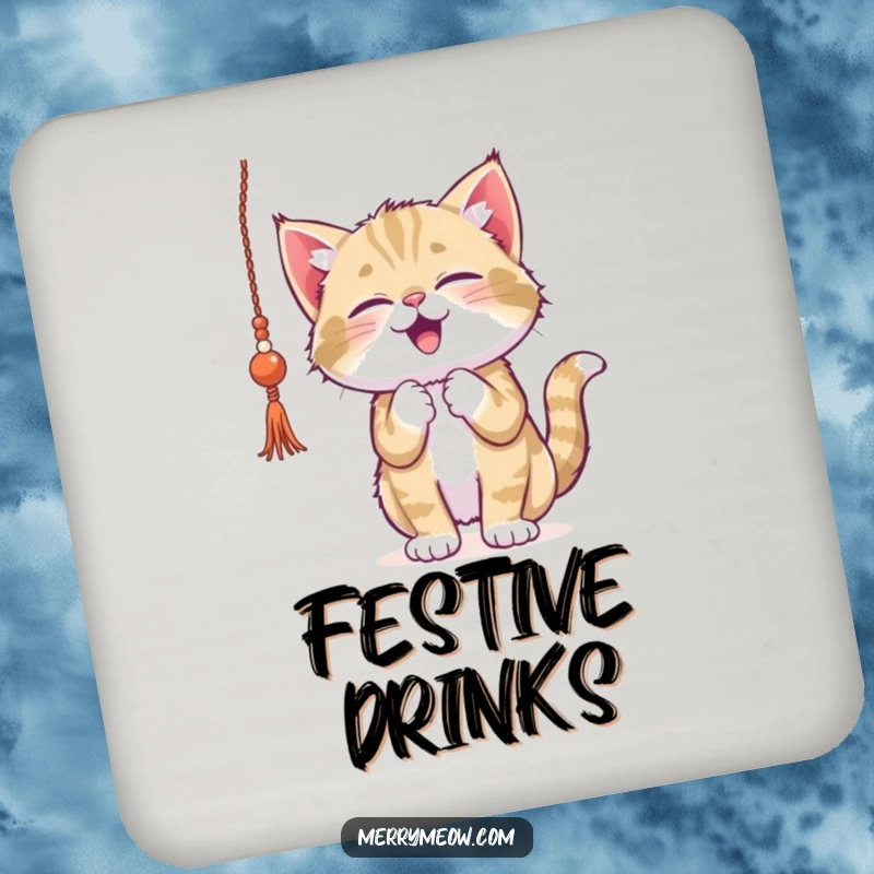 Funny kitten coasters, gleefully batting at dangling tinsel, perfect for protecting surfaces while adding charming holiday playfulness.