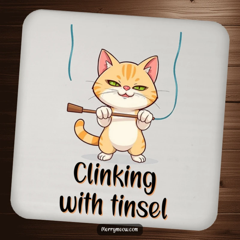Funny Drink Coasters: Mischievous cat batting at tinsel, designed to protect surfaces with holiday cheer.