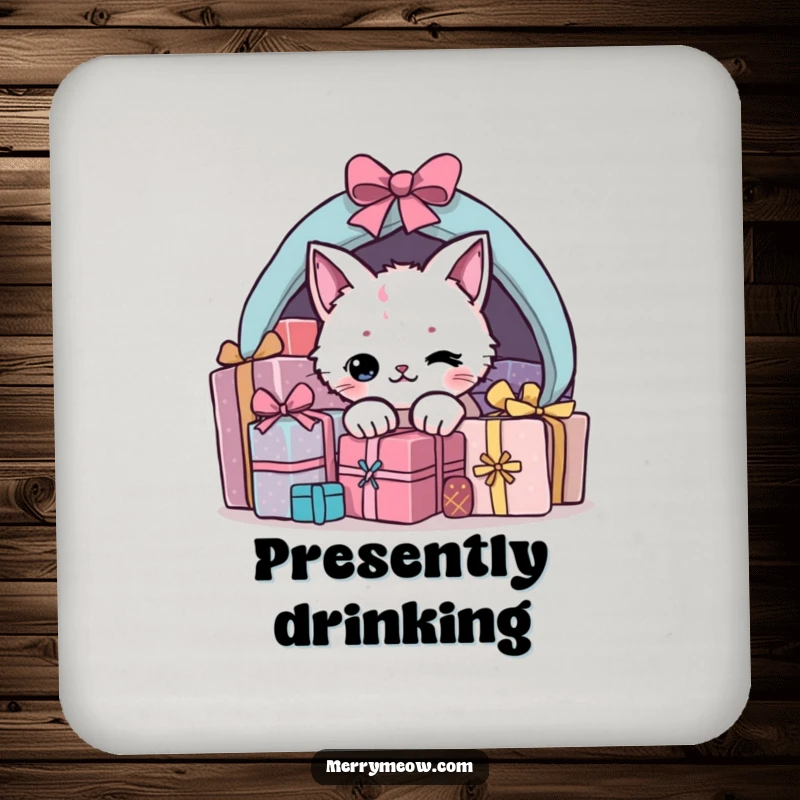 Funny present cat coasters featuring a sneaky cat peeking from under a pile of holiday presents, adding festive flair.