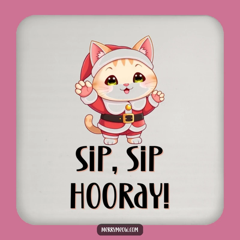 Funny Santa Cat Coaster: Cheerful Wave Holiday Drink Protection Gift