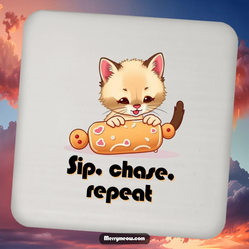 Funny drink coasters showcasing a playful Siamese kitten batting at a gingerbread cookie, perfect for festive gatherings.