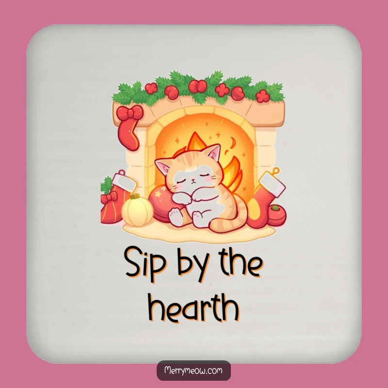 Funny Sleepy Cat Fireplace Coaster: Cozy Holiday Protection!