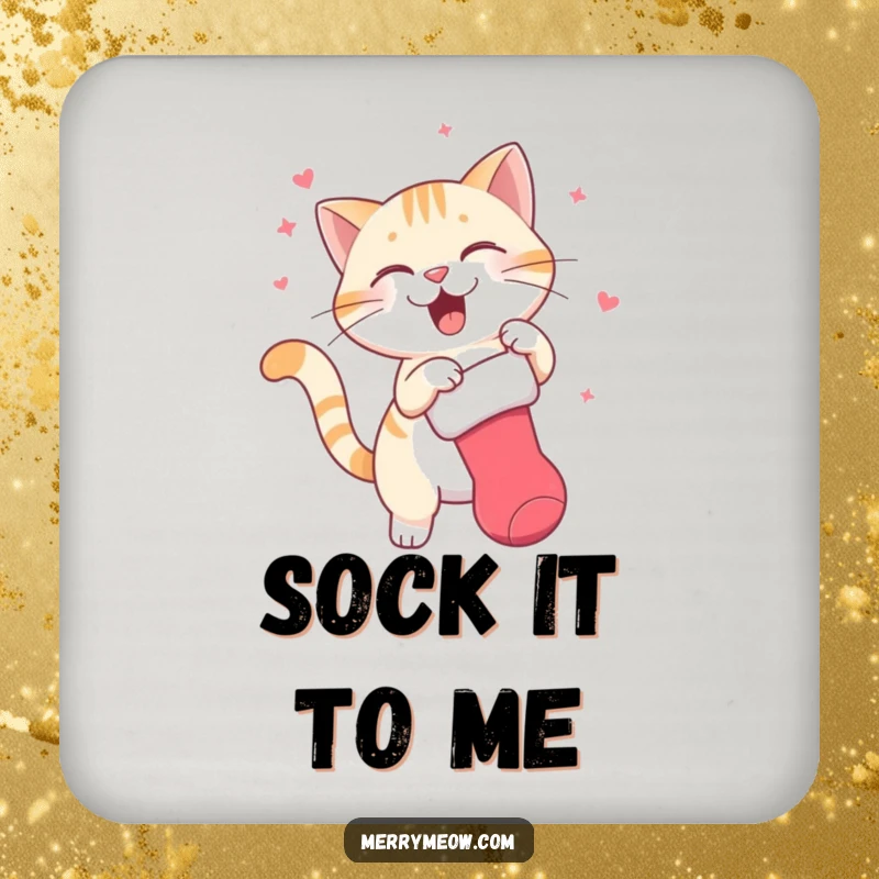 Funny drink coaster with a cat character gleefully swatting a dangling Christmas stocking, adding a playful and humorous touch to protect surfaces.