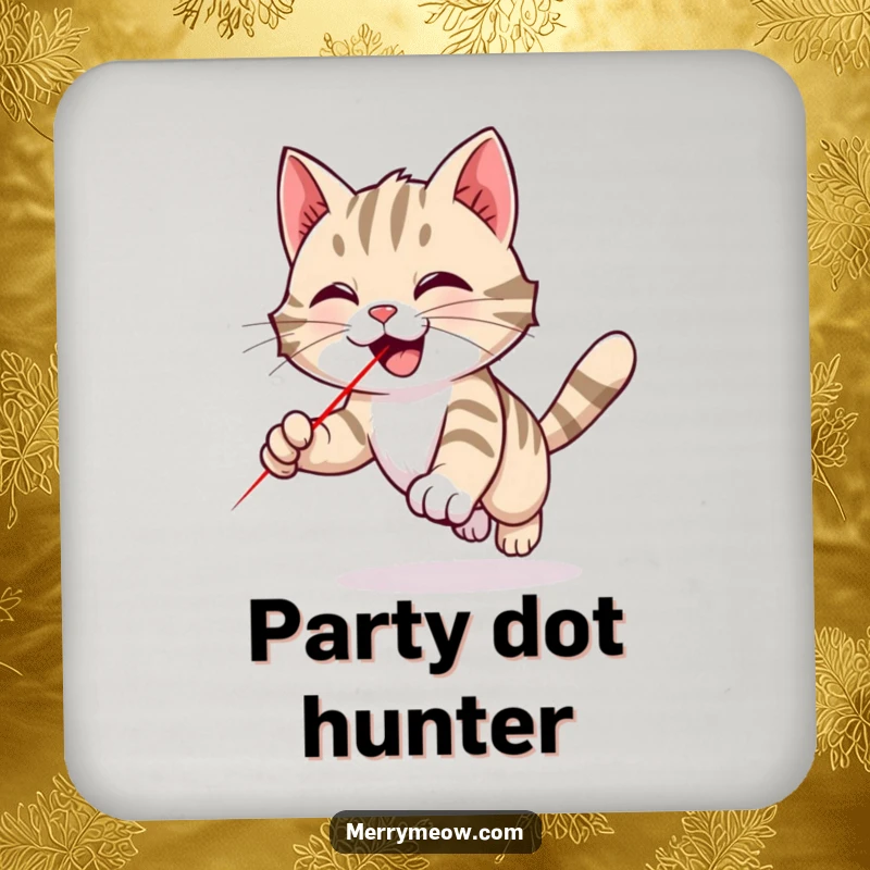 Funny tabby cat coasters featuring a cat playfully chasing a red laser dot, protecting surfaces with vibrant and humorous feline action.