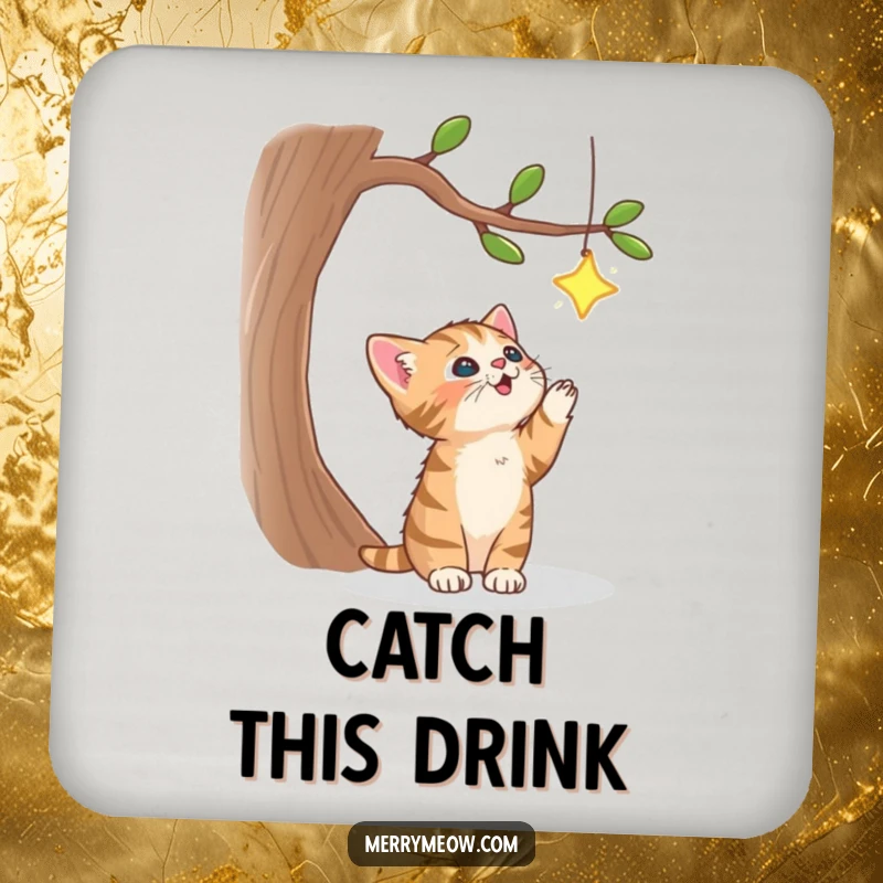Funny drink coasters with a cute tabby kitten jumping mid-air to catch a sparkling star on a tree, adding playful decor.