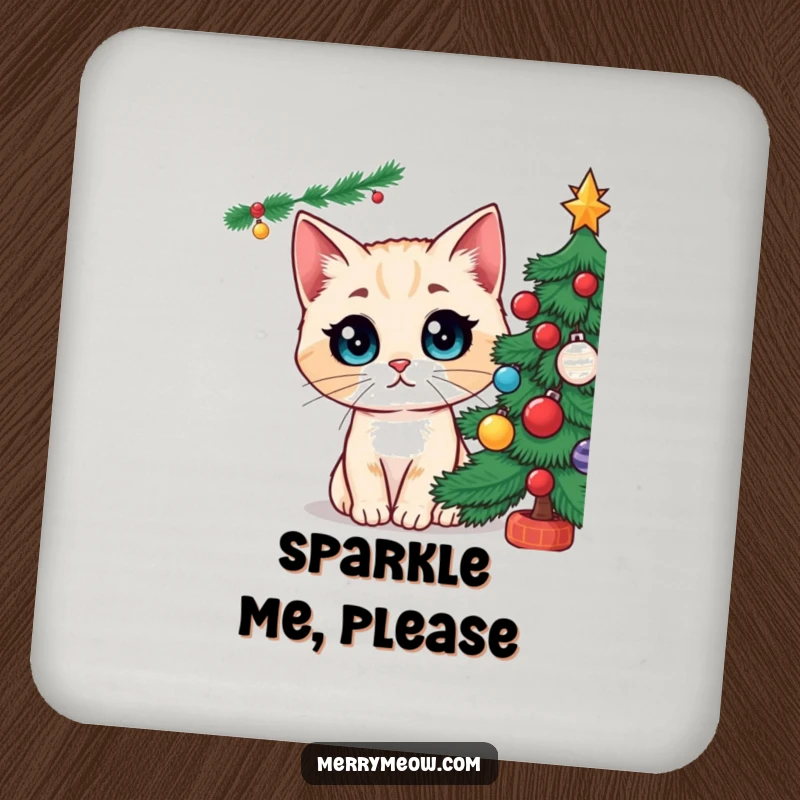 Funny drink coaster featuring a cat character with exceptionally wide eyes staring in wonder at a decorated Christmas tree, bringing holiday charm.