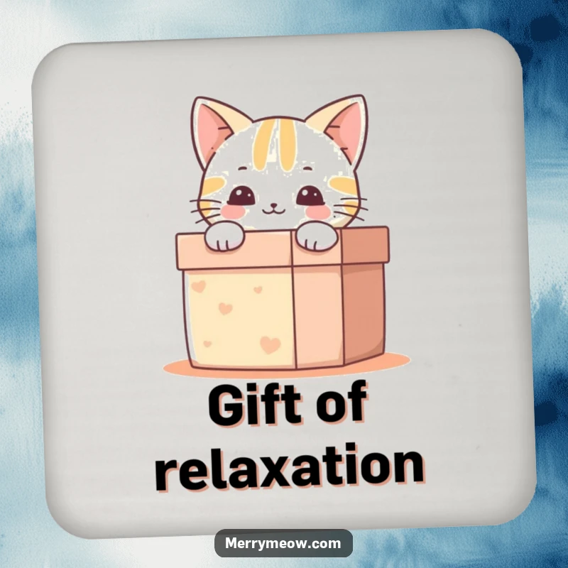 Funny Drink Coasters: Happy cat peeking from a gift box, designed to protect surfaces with a smile.