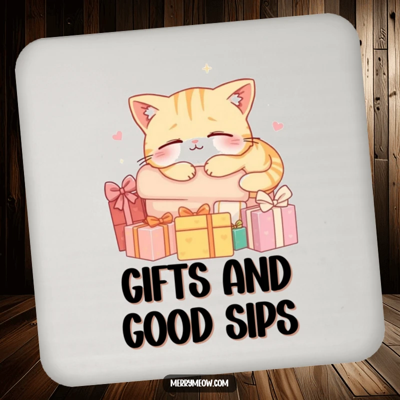 Funny drink coaster featuring a cat character happily napping on a pile of gifts, adding calm and humor to surfaces.