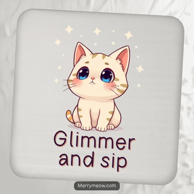 Funny drink coaster showcasing a surprised cat character looking at twinkling lights, protecting tables with holiday humor.
