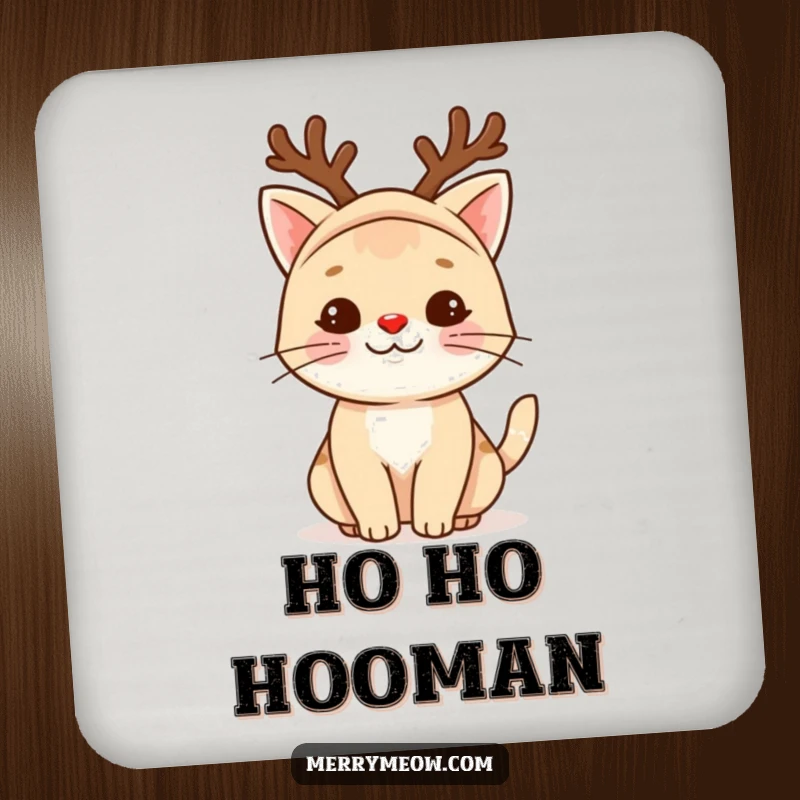 Funny reindeer cat coasters featuring a whimsical cat in a reindeer costume, its red nose adding holiday charm.