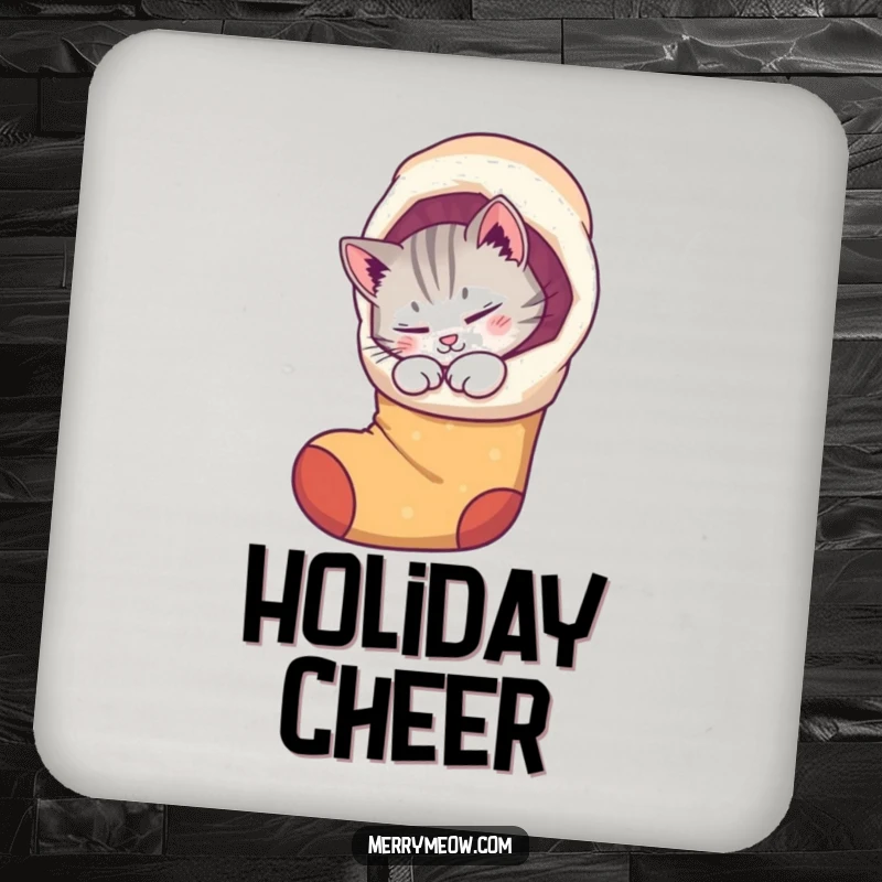 Funny drink coasters with a purring cat curled up inside a whimsical stocking, protecting surfaces with holiday coziness.