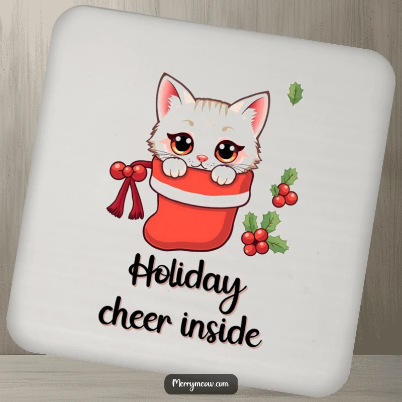 Funny kawaii cat peeking from a Christmas stocking with wide eyes, a protective and fun drink coaster.