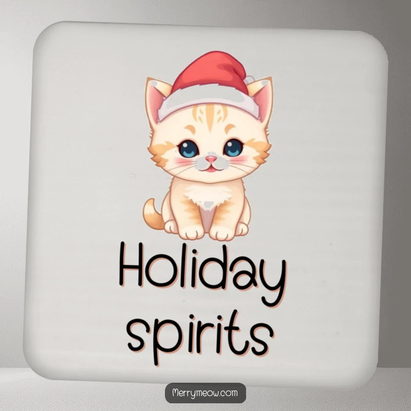 Funny kawaii kitten coasters, wearing a tiny Santa hat, perfect for protecting tables while adding adorable Christmas cheer.