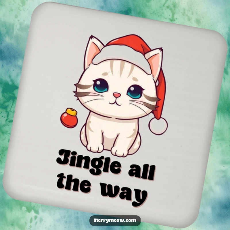 Funny kawaii cat wearing a Santa hat with jingle bells, a festive and protective drink coaster.