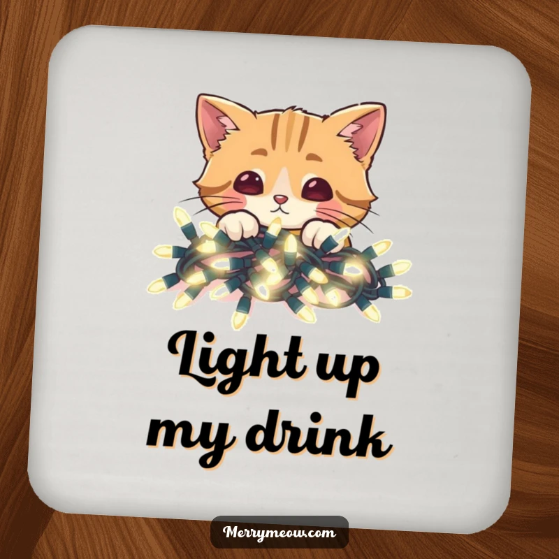 Funny drink coaster with a cat peeking over glowing Christmas lights, adding festive flair and protection.