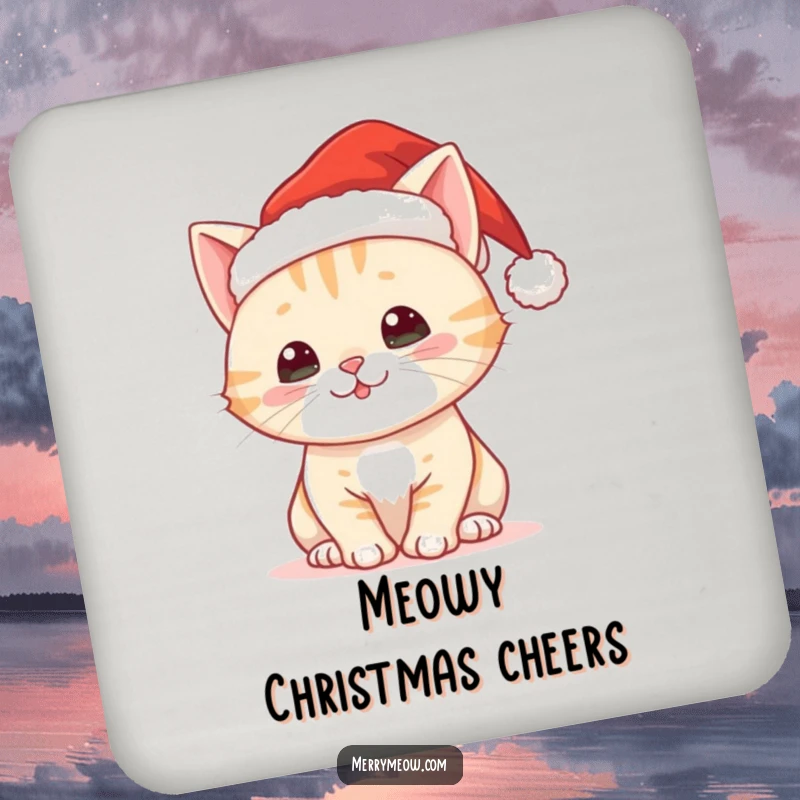 Funny coaster with a cute Christmas cat wearing a Santa hat, representing holiday cheer.