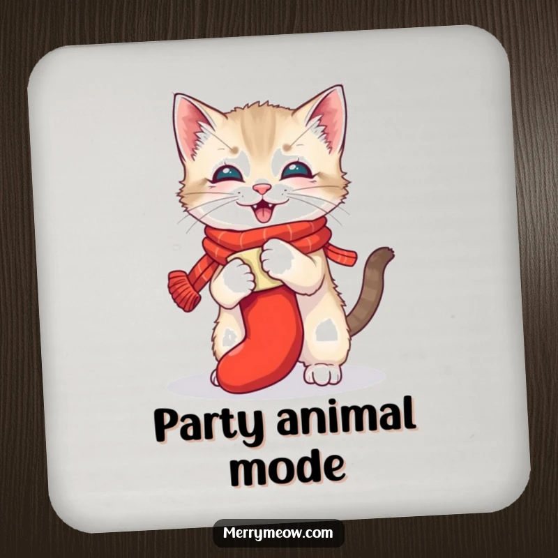 Funny drink coaster with a playful kitten wrestling a stocking, protecting surfaces with festive humor and adorable charm, perfect for parties.