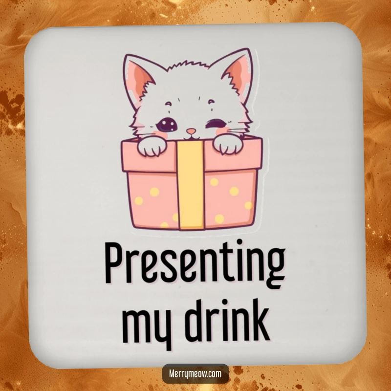 Funny coaster with a cute kitten peeking out of a gift box, protecting surfaces with adorable charm.