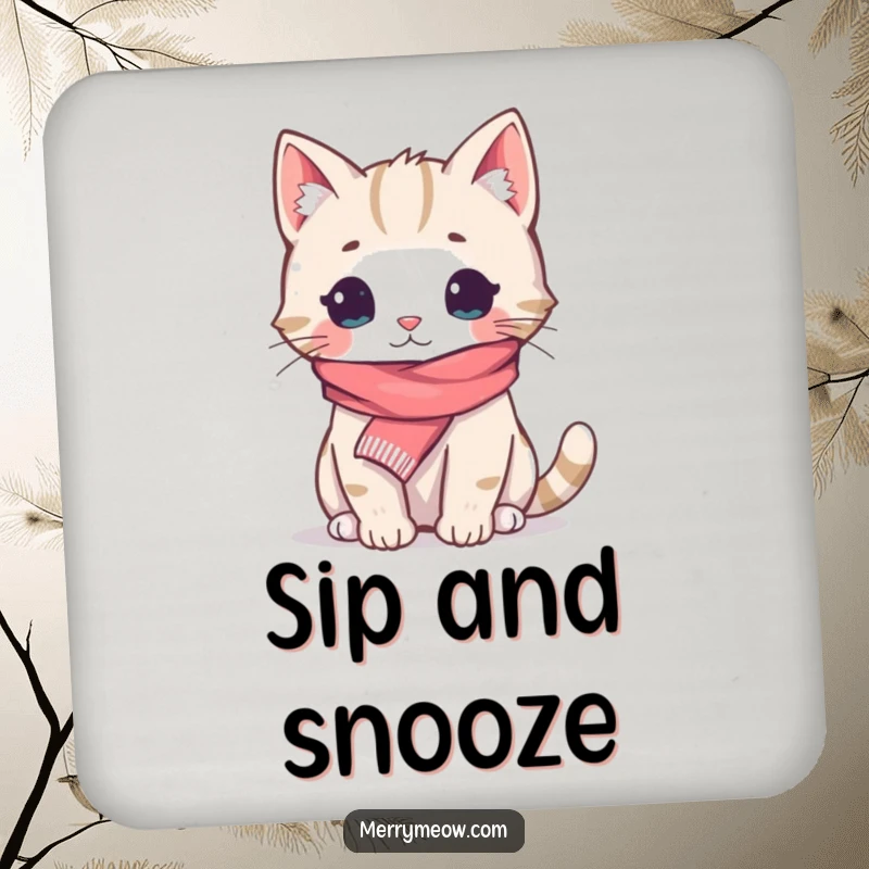 Funny Coaster: A tiny scarf-wearing cat looking cozy, protecting surfaces with adorable humor, a perfect funny gift.