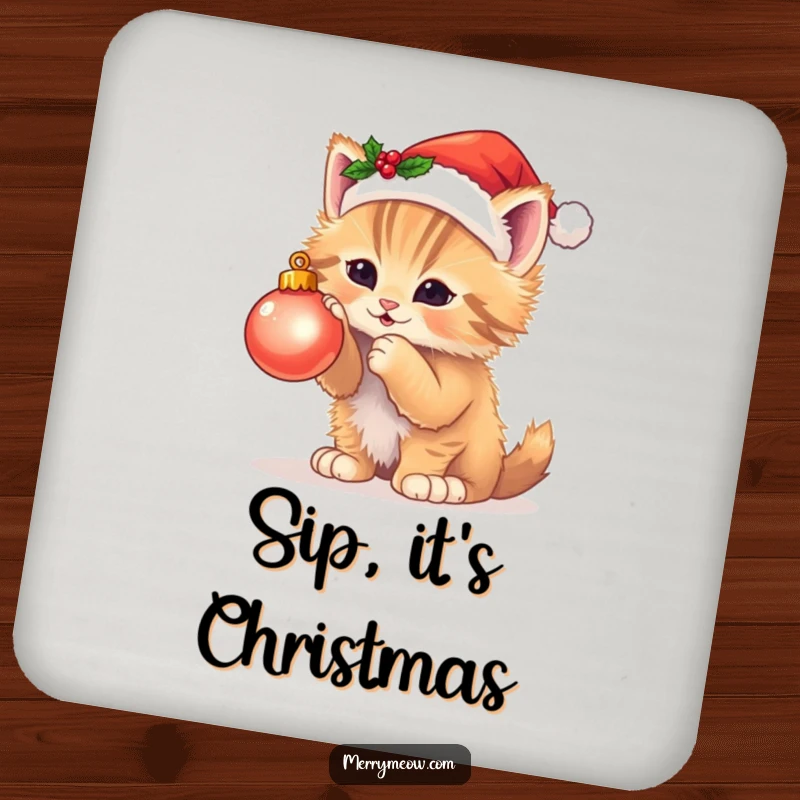 Funny drink coasters featuring a fluffy kitten in a Santa hat playing with a twinkling Christmas ornament, adding holiday cheer.