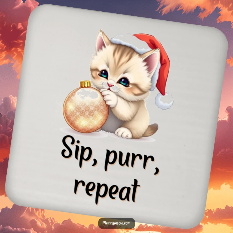 Funny Kitten Santa Hat Coaster: Small coaster featuring a fluffy kitten in a Santa hat playfully batting at a shimmering ornament, protecting surfaces humorously.