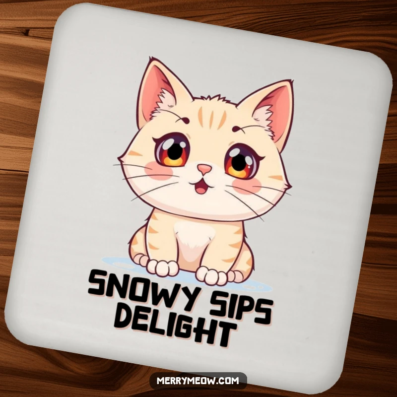 Funny drink coaster featuring a cat character with wide, excited eyes watching snow, adding winter charm and humor.