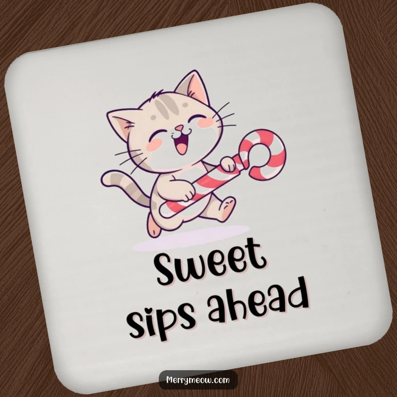 Funny cat character gleefully chasing a rolling candy cane, on a decorative drink coaster.