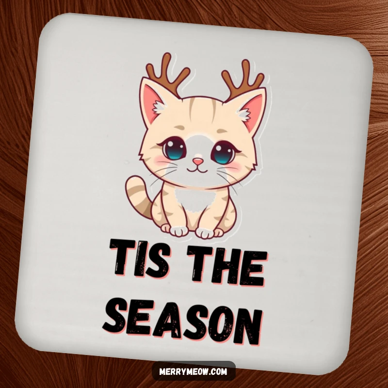 Funny drink coaster with a cat character wearing tiny reindeer antlers, adding a festive and humorous touch to protect surfaces.