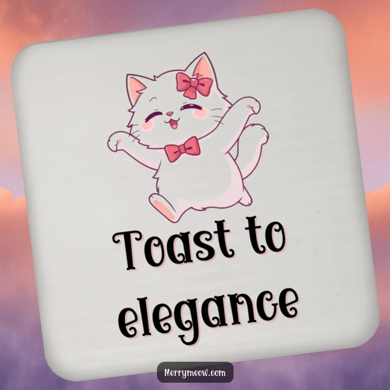 Funny white cat coasters featuring a fluffy cat in a festive bow mid-leap, protecting surfaces with elegant and charming feline art.