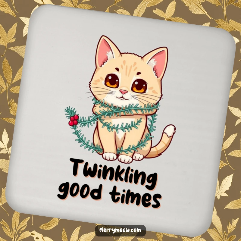 Funny drink coaster featuring a cat character humorously wrapped in festive tinsel, adding a fun, festive touch to surfaces.