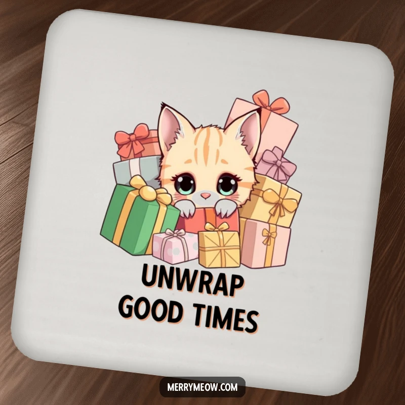 Funny drink coaster with a curious cat peeking from holiday presents, for festive protection.