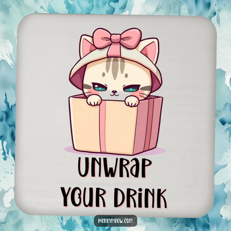Funny drink coasters featuring a mischievous cat peeking from a brightly wrapped gift box, adding playful protection.