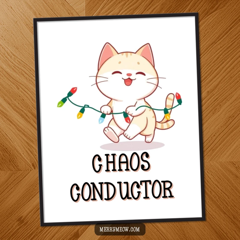 Funny cat entangled with Christmas lights on a festive poster, bringing holiday humor indoors.