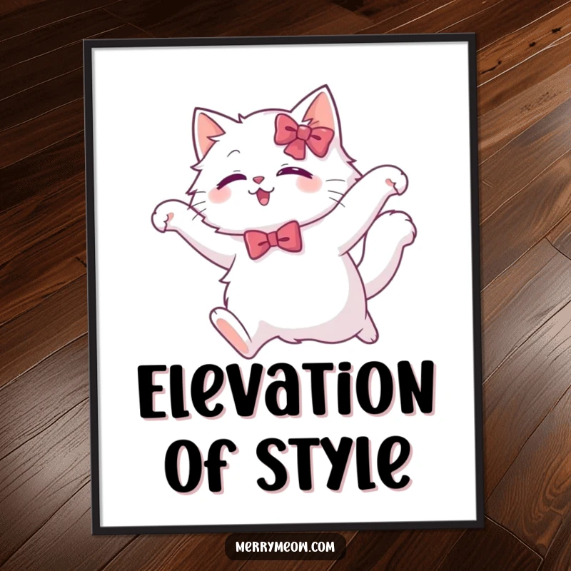 Funny white cat poster capturing a fluffy cat in a festive bow, performing a stunningly graceful leap across the frame.