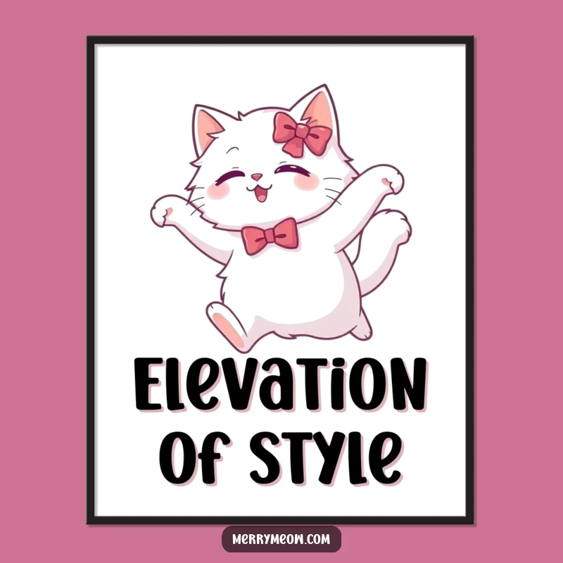 Funny White Cat Leap Poster: Graceful Art, Whimsical Humorous Wall Decor Gift