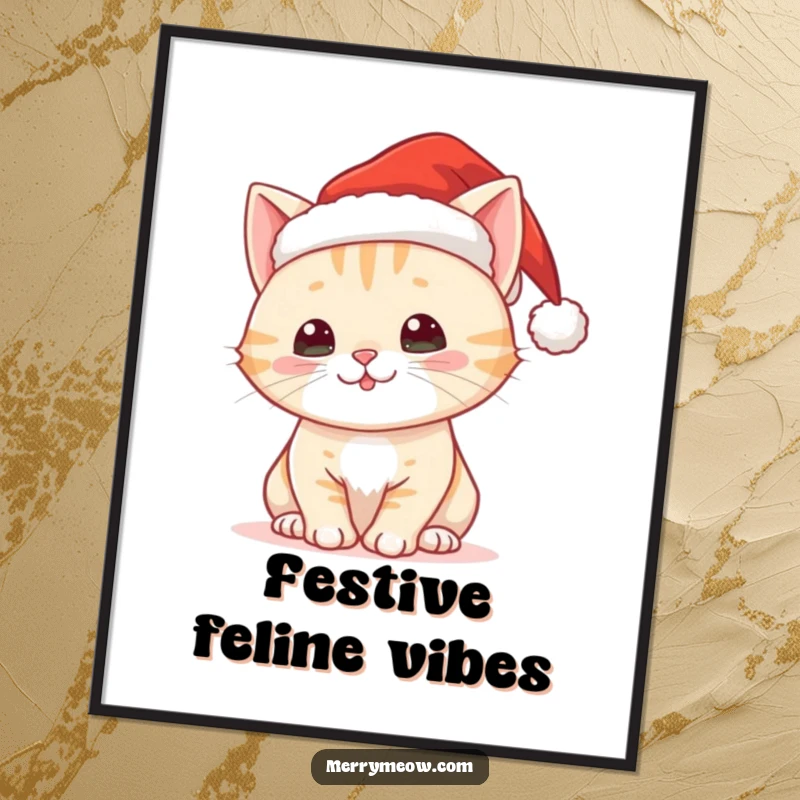 Funny poster of a cute Christmas cat wearing a Santa hat, symbolizing holiday cheer.