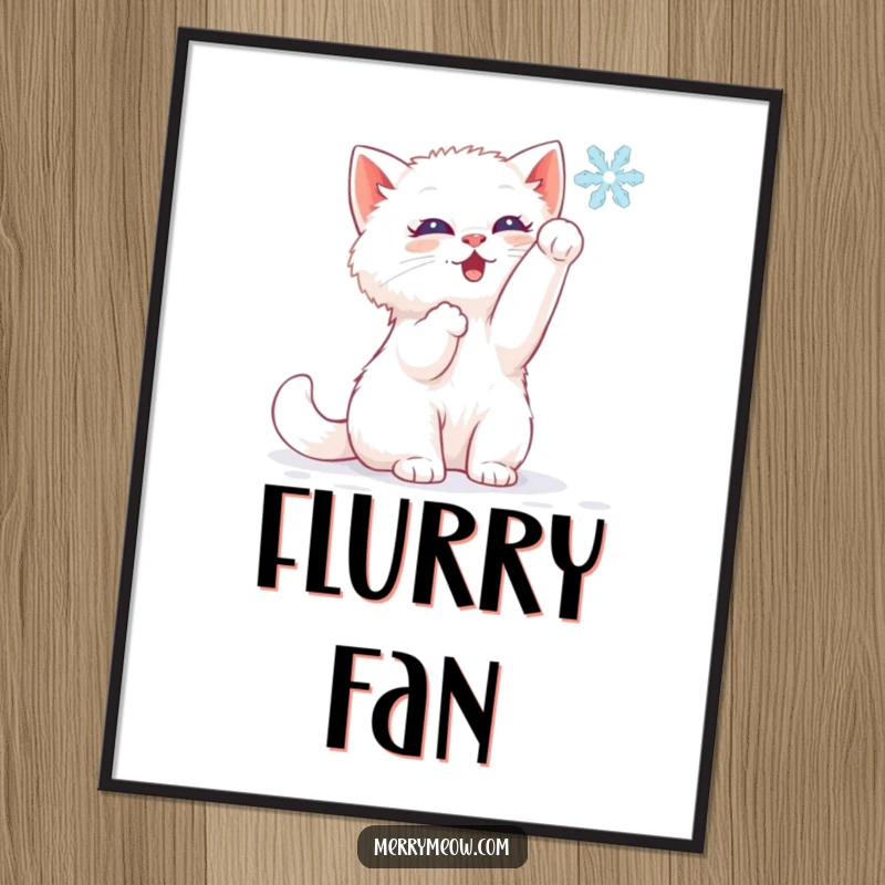 Funny poster of a white kitten batting at a delicate falling snowflake with an expression of pure delight.